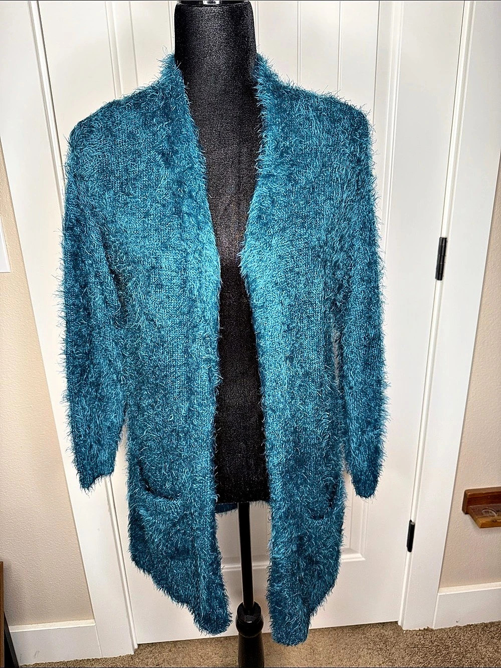 CHELSEA & THEODORE Open Front Eyelash Knit Blue Cardigan